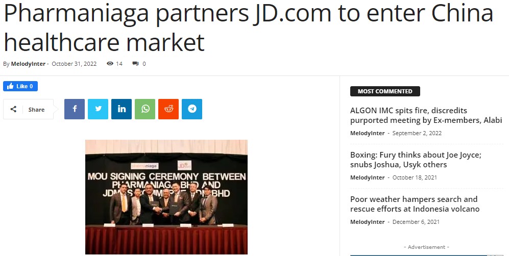 Pharmaniaga Bhd today signed a memorandum of understanding (MoU) with JDMAS Commerce Sdn Bhd to commercialise Pharmaniaga’s over-the-counter (OTC) and subsequently pharmaceutical products in China through JD.com with the support of JDMAS.