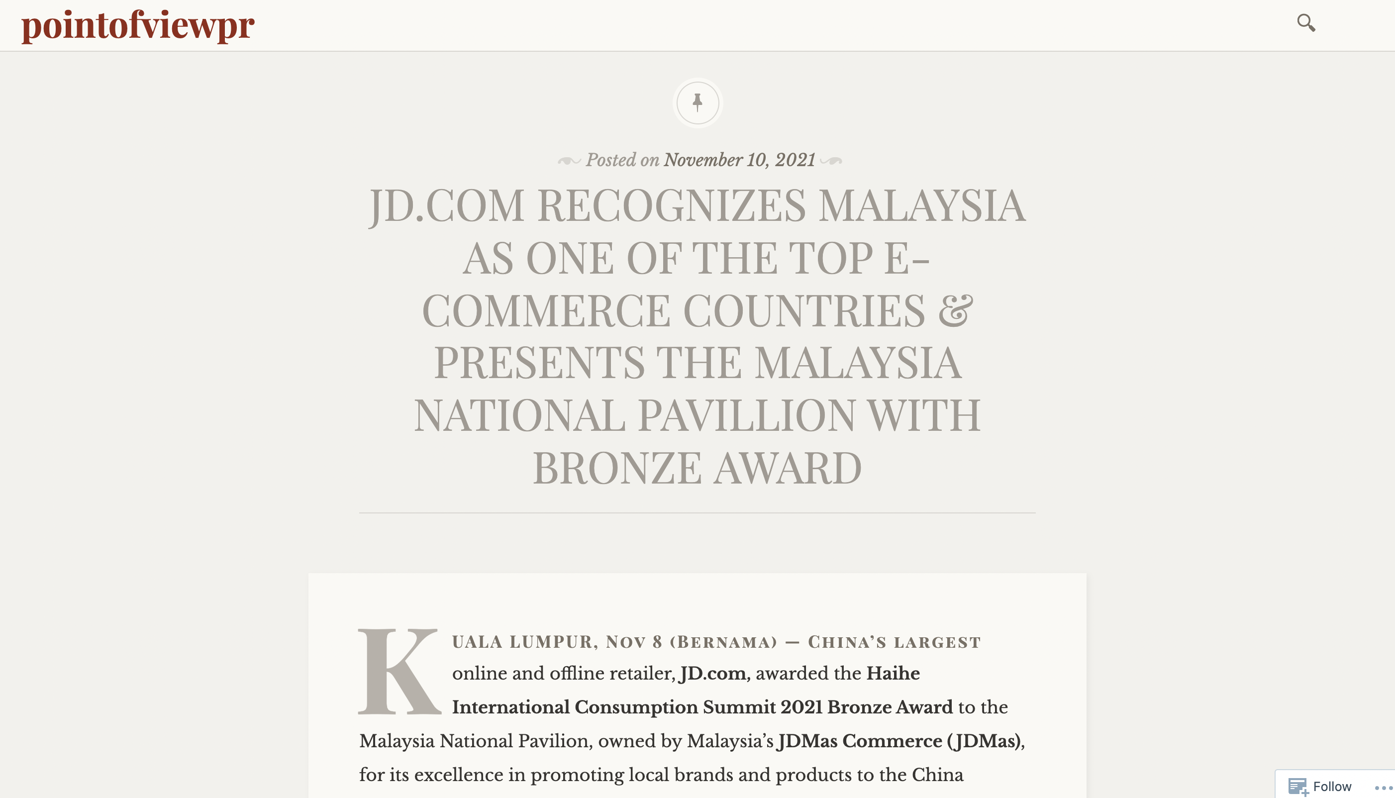 JD.com Recognizes Malaysia As One of The Top E-Commerce Countries & Presents The Malaysia National Pavillion With Bronze Award