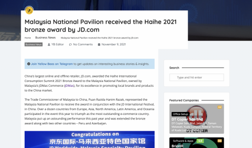 Malaysia National Pavilion received the Haihe 2021 bronze award by JD.com (Yellow Bees)